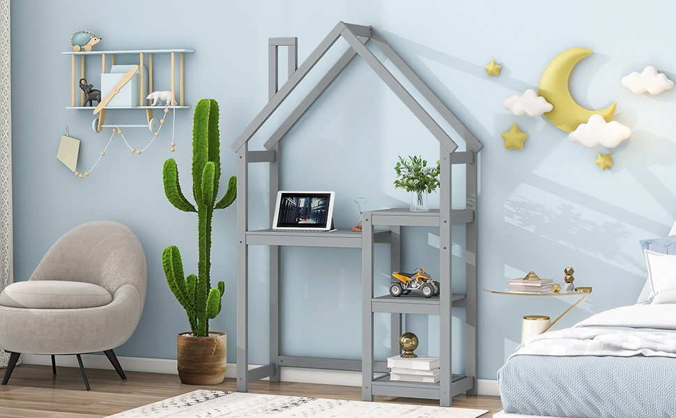 House-Shaped Wooden Writing Desk, Kids Study Table, Bookshelf & Toy Storage - Gray - Image 6