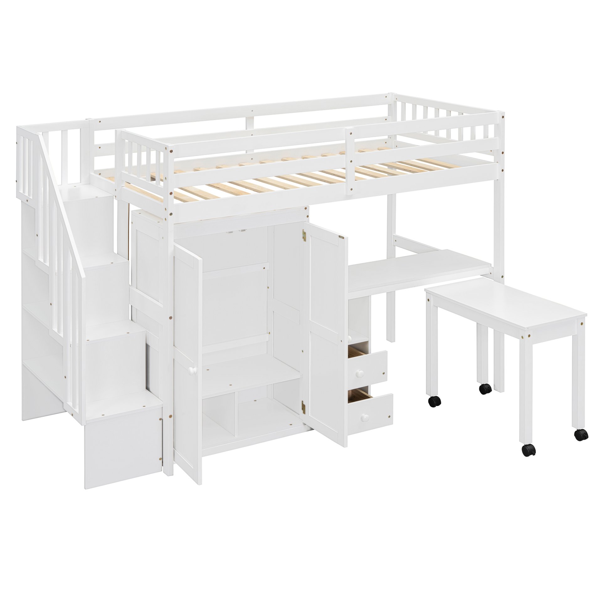 Twin Size Loft Bed With Stairs, Bookshelf, Drawers, Desk & Wardrobe, Space Saving Multifunctional Furniture - White - Image 14