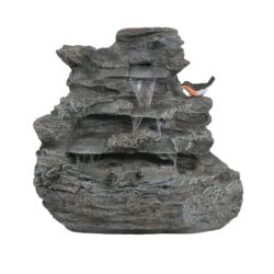 4 Tiered Rock Waterfall Fountain With LED Lights, Outdoor Garden Decor, Weather Resistant - Gray
