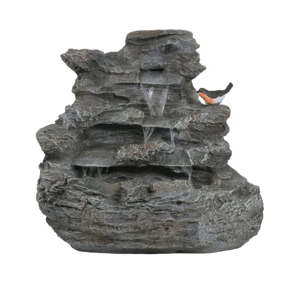 4 Tiered Rock Waterfall Fountain With LED Lights, Outdoor Garden Decor, Weather Resistant - Gray