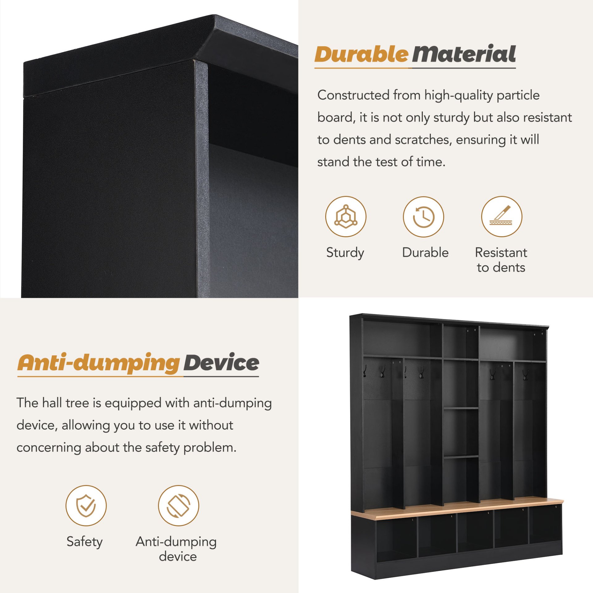 Wide Design Hall Tree With Storage Bench, Minimalist Shoe Cabinet With Cube Storage & Shelves, Multifunctional Coat Rack With 8 Hooks For Entryways, Mudroom - Black - Image 8