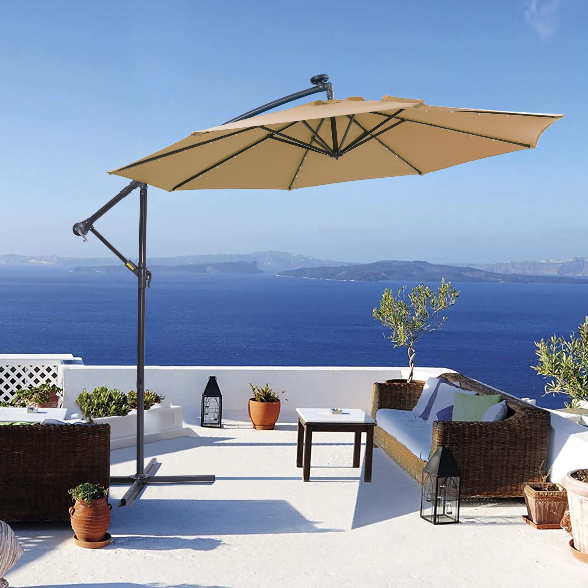 Outdoor Cantilever Patio Umbrella With 32 LED Lights 10 Ft Hanging Design Easy Open Adjustment Metal Frame - Taupe - Image 6