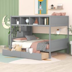 Twin Over Full Bunk Bed With Shelfs, Storage Staircase And 2 Drawers - Gray