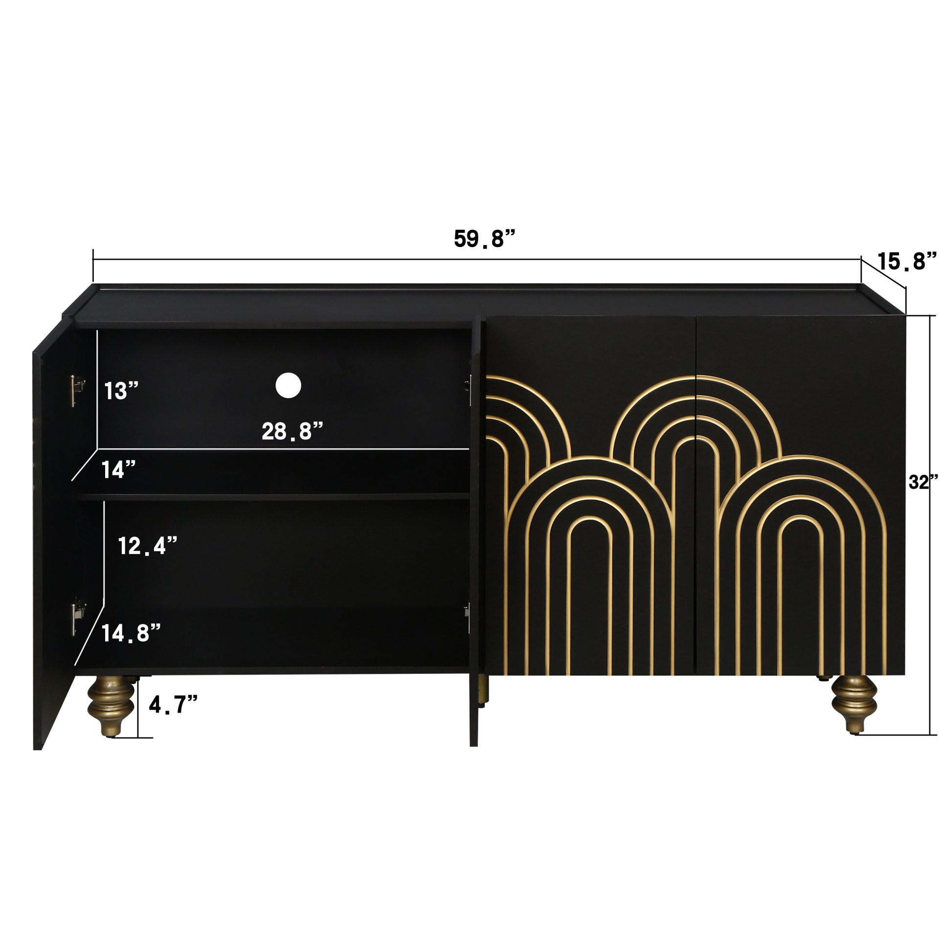 4 Door Cabinet Modern Fluted Sideboard Buffet With Storage, Curve Element With Strict Lines - Black - Image 3
