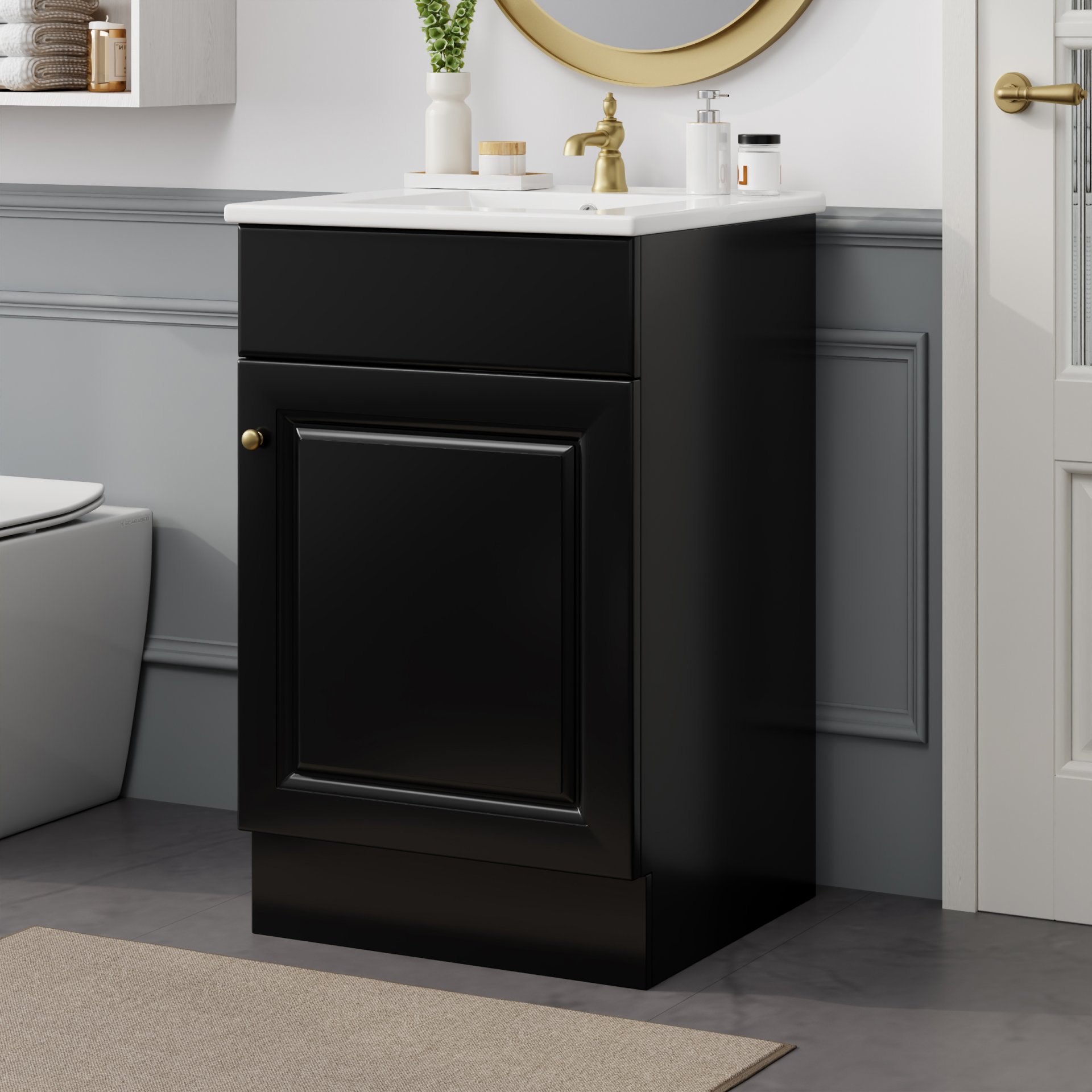 20" Bathroom Vanity With Sink, Freestanding Cabinet With Door Shelf And Adjustable Shelf, And Ceramic Construction - Black - Image 4