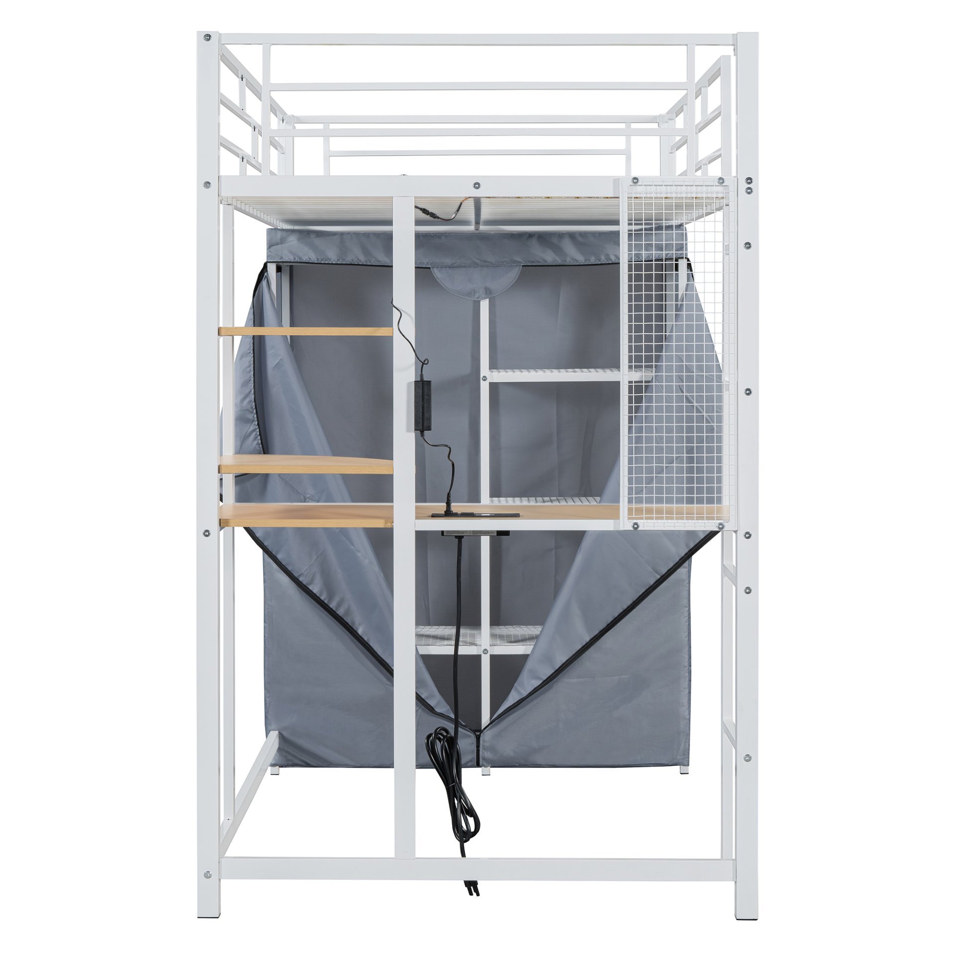 Twin Size Loft Bed With Desk, Shelves, Power Outlet, LED Light And Wardrobe - White - Image 15