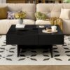 Mid Century Modern Coffee Table, Unique Square Wooden Coffee Table With 3 Drawers, Tempered Glass And Solid Wood Legs For Living Room - Black - Image 5