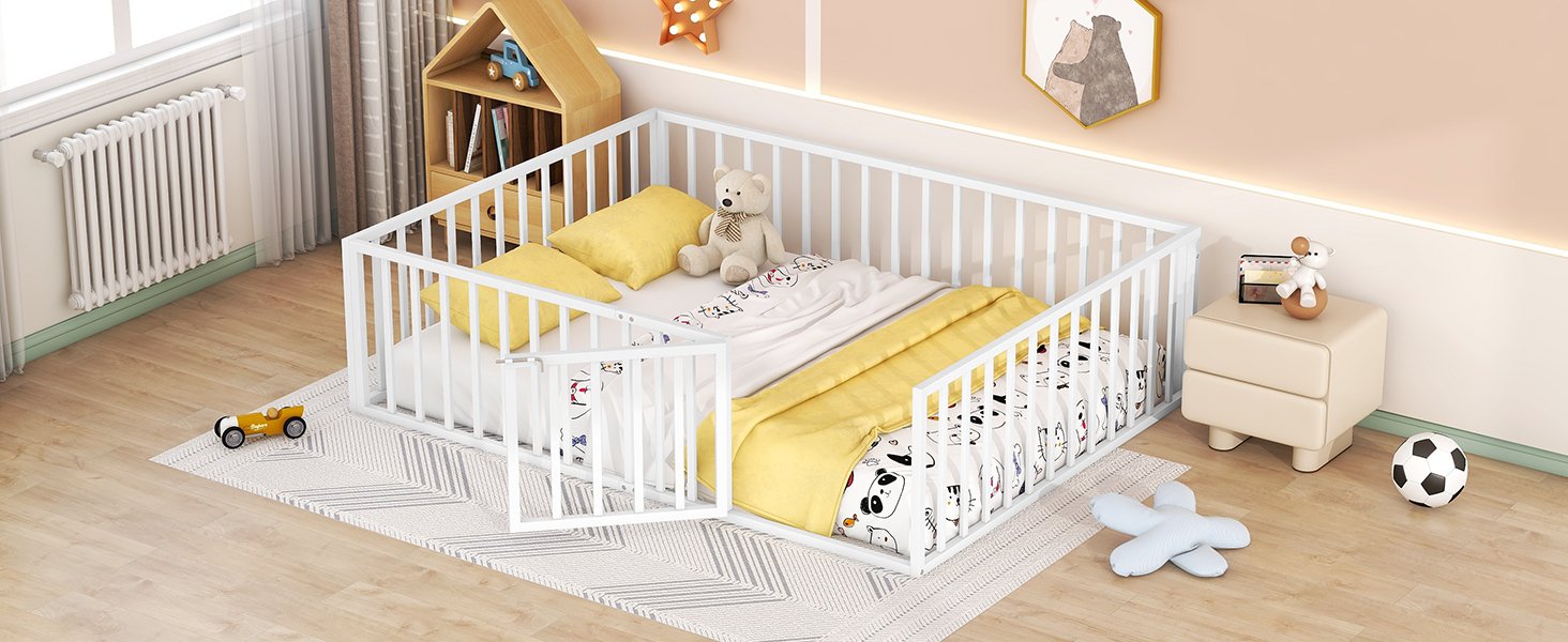 Queen Size Floor Bed Frame With Fence And Door - White - Image 14