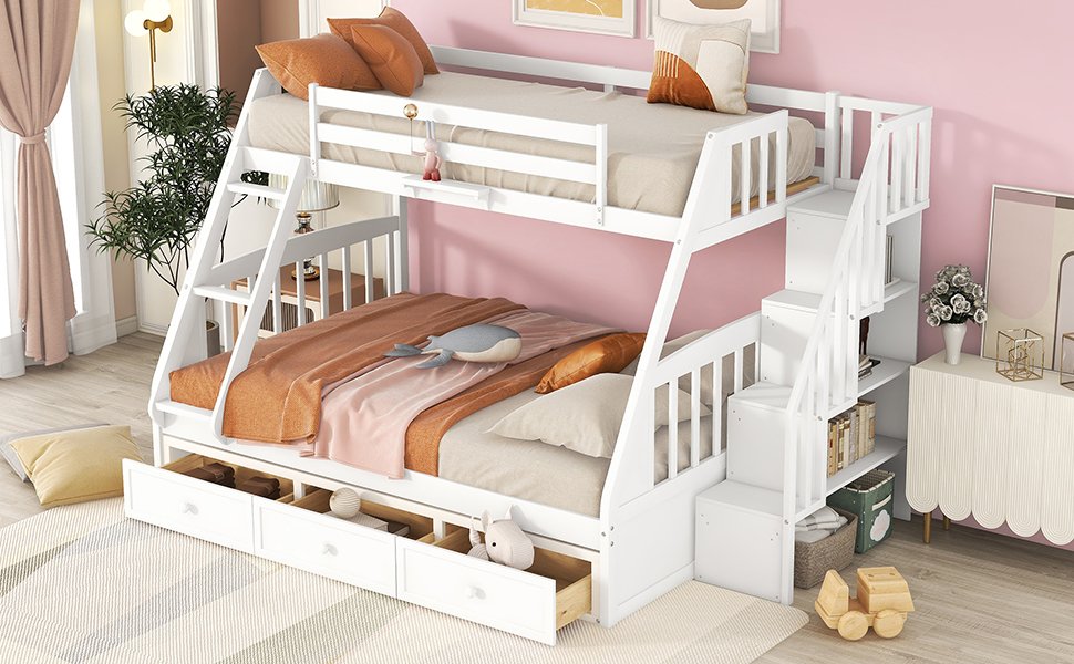 Twin Over Full Bunk Bed With Drawers, Ladder And Storage Staircase - White - Image 14