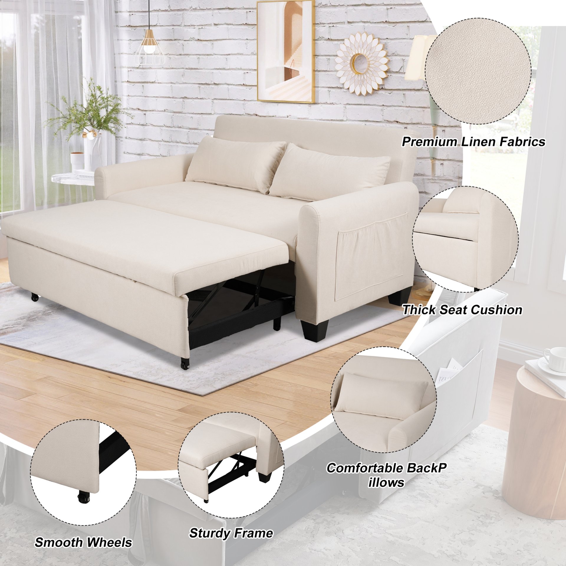 Balus - Extra Large 2 In 1 Sofa Bed With Storage Bag, Adjustable Backrest And Cushions - Beige - Image 5