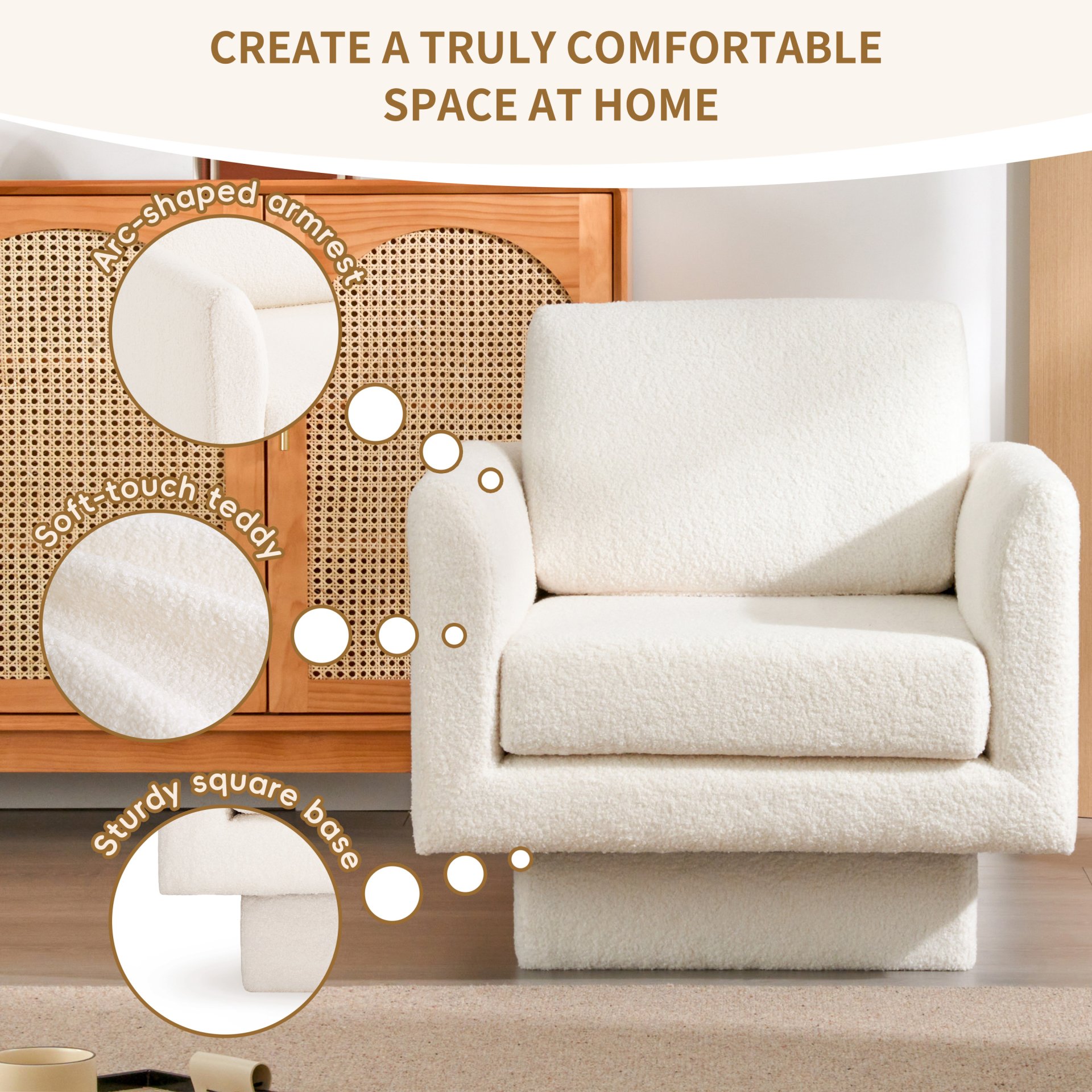 360° Modern Swivel Accent Chair Round Armchair, Thick Padded Single Lounge Sofa Upholstered Comfy - Cream - Image 6