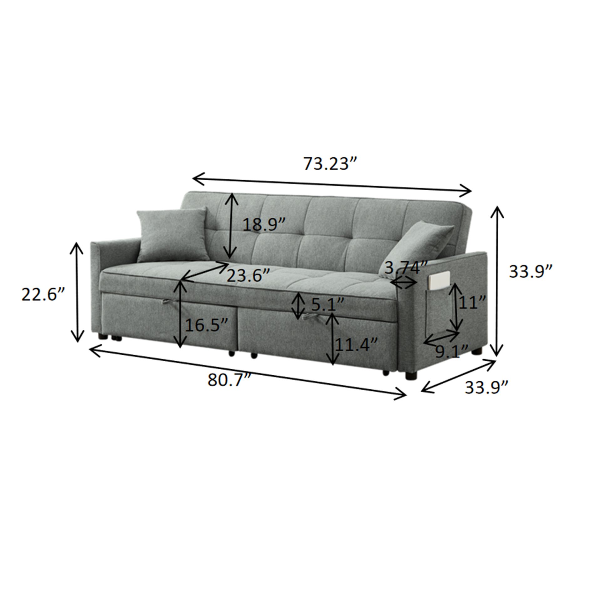 3 In 1 Convertible Sleeper Sofa Bed, Modern Fabric Loveseat Futon Sofa Couch Pullout Bed, Small Love Seat Lounge Sofa Reclining Backrest, Pillows, Pockets, Home Furniture For Living Room - Gray - Image 3