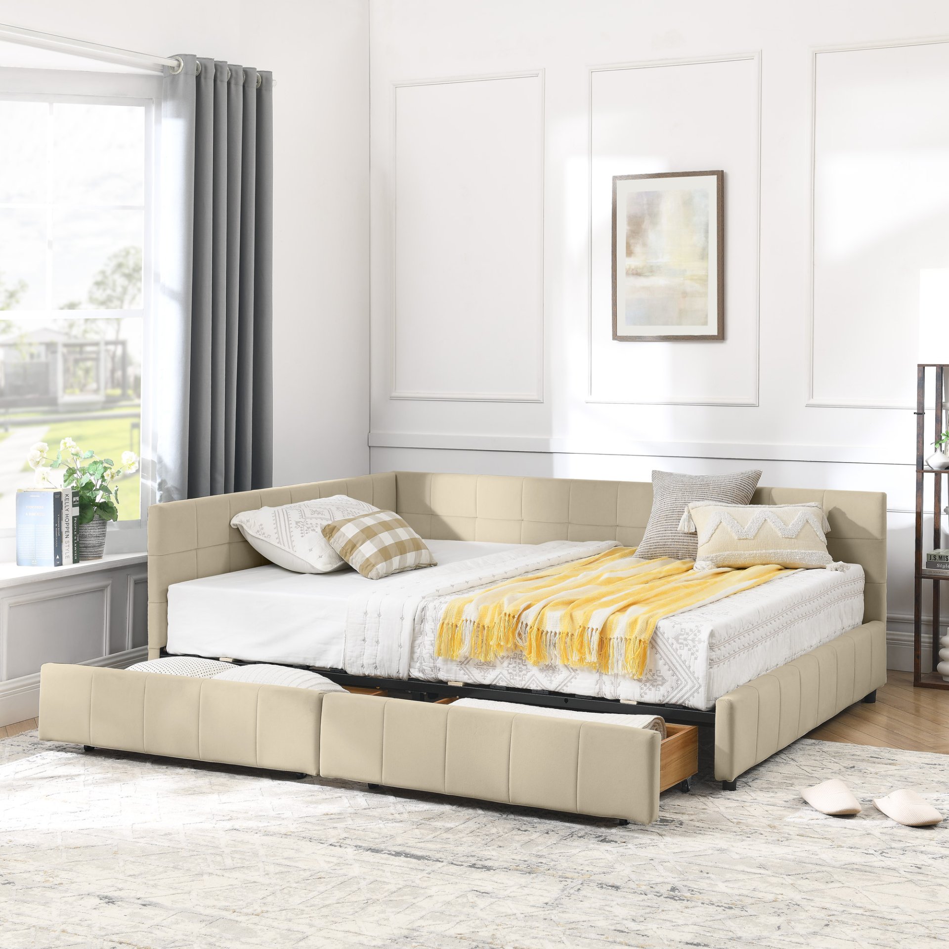 Mid Century Full Size Storage Upholstered Tufted Bed Frame With Backrest And Armrests Velvet - Beige - Image 5