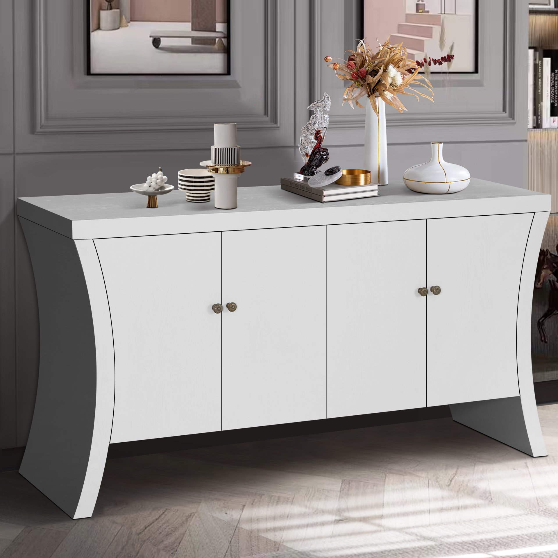 Refined Industrial 4 Door Credenza With Wooden Arc Legs & Bronze Clasps, Advanced Storage Design - White - Image 4