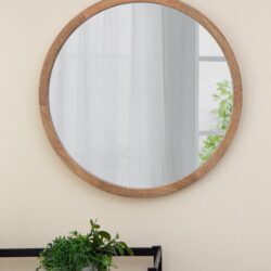 Circle Wall Mirror With Wooden Frame, Wall Mirror For Living Room - Brown