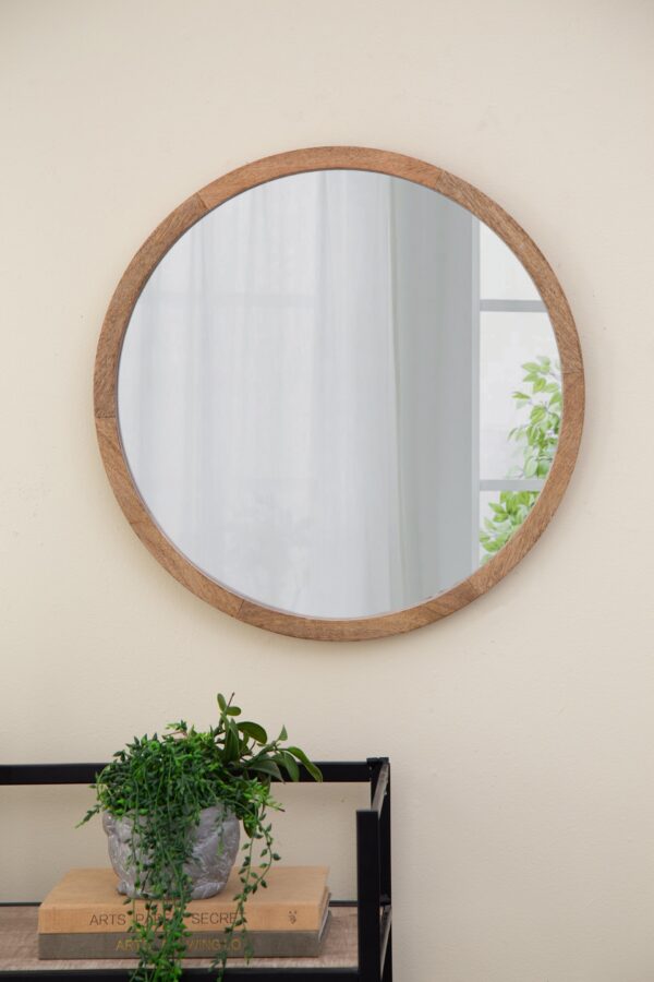 Circle Wall Mirror With Wooden Frame, Wall Mirror For Living Room - Brown