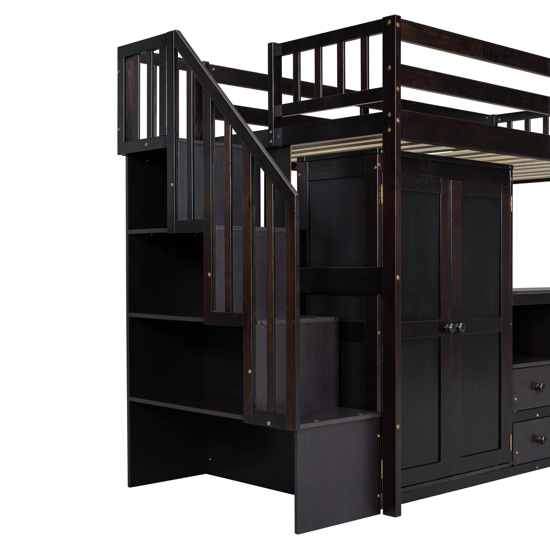 Twin Size Loft Bed With Stairs, Bookshelf, Drawers, Desk & Wardrobe, Space Saving Multifunctional Furniture - Espresso - Image 17