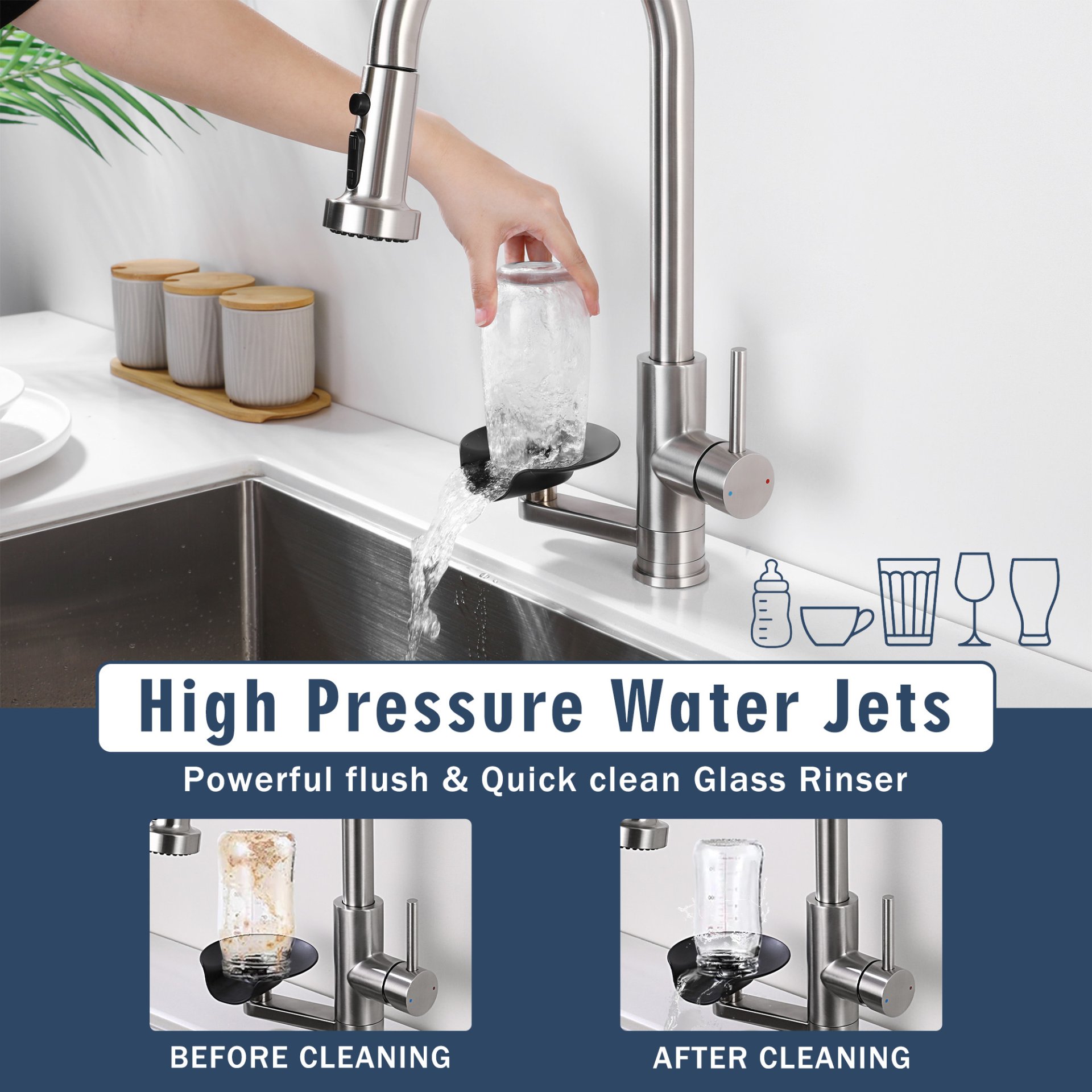 3 In 1 Kitchen Faucet With Press Type Glass Rinser, High Arc Pull Down Sprayer, 3 Function Spray Mode - Brushed Nickel - Image 4