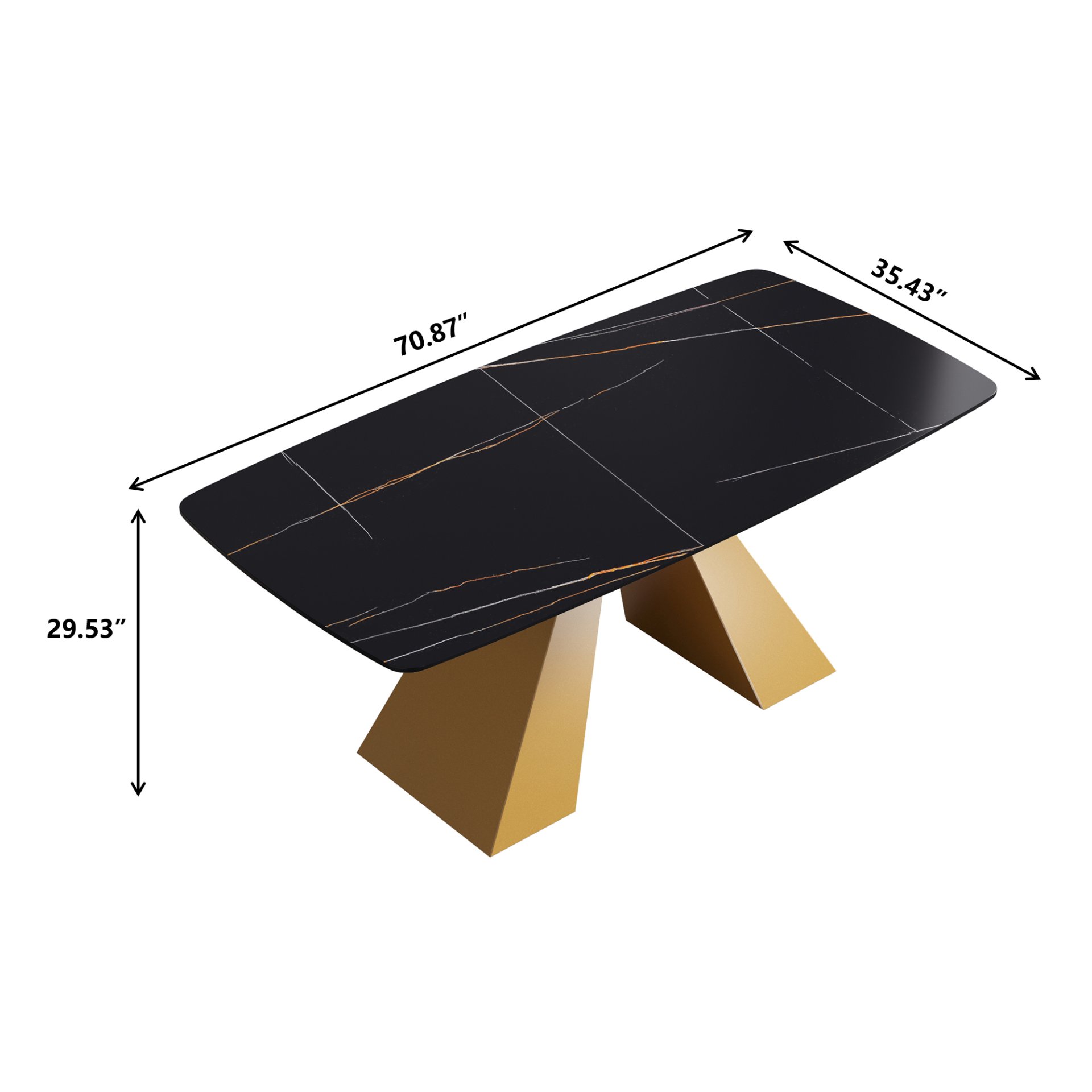 70.87" Modern Artificial Stone Curved Metal Leg Dining Table, Can Accommodate 6-8 People - Black / Gold - Image 3