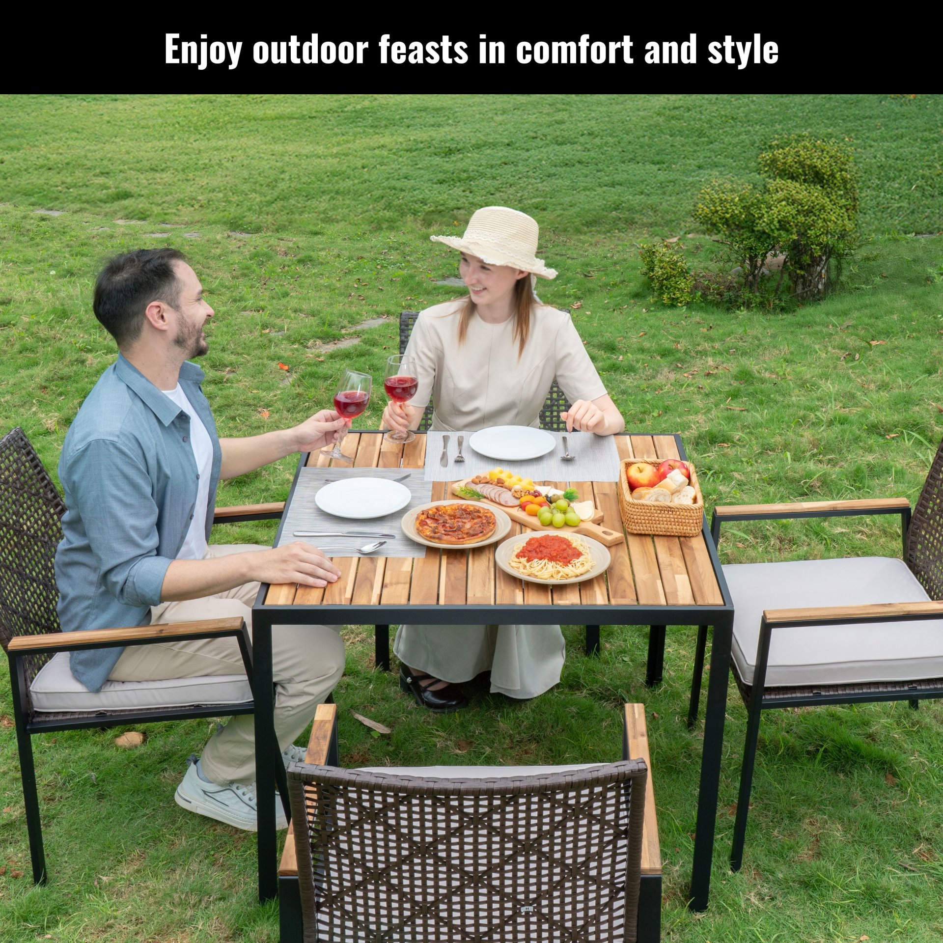 All Weather 5 Piece Patio Dining Table Set, Acacia Wood Table Top With Umbrella Hole, Rattan Outdoor - Coffee Brown - Image 15