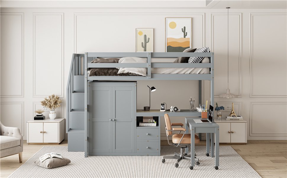 Full Size Loft Bed With Stairs, Bookshelf, Drawers, Desk & Wardrobe, Space Saving Multifunctional Furniture - Gray - Image 23