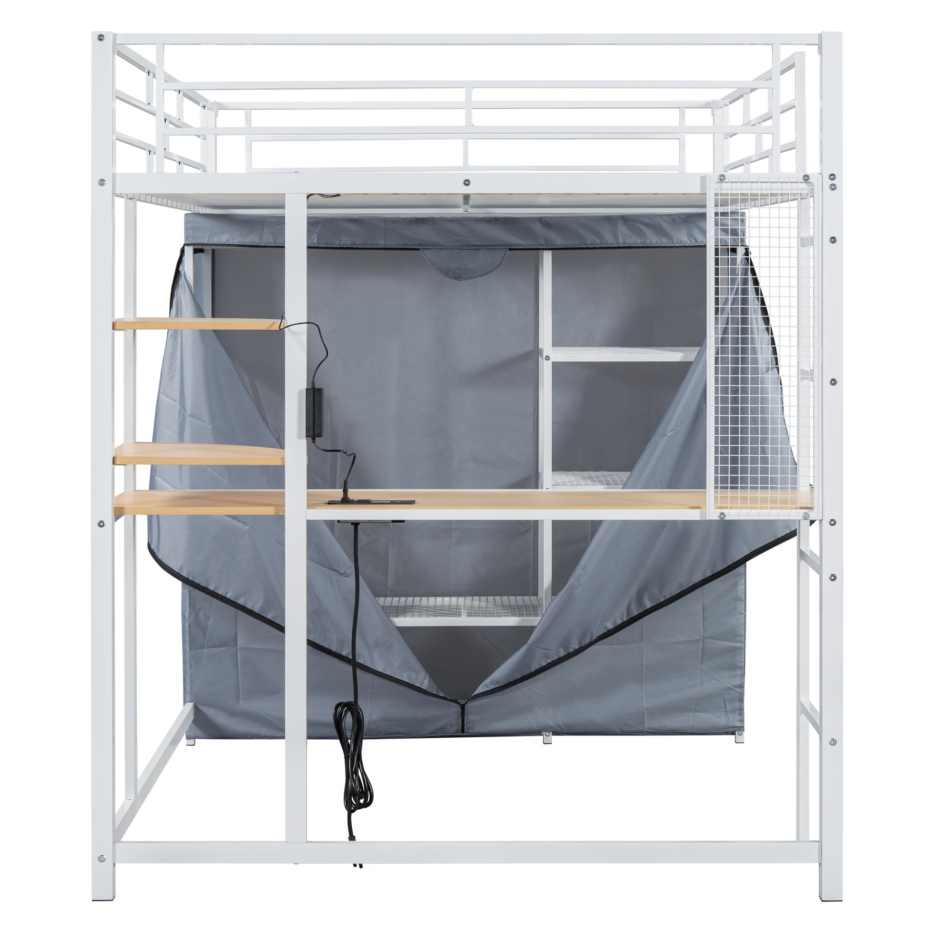 Full Size Loft Bed With Desk, Shelves, Power Outlet, LED Light And Wardrobe - White - Image 14