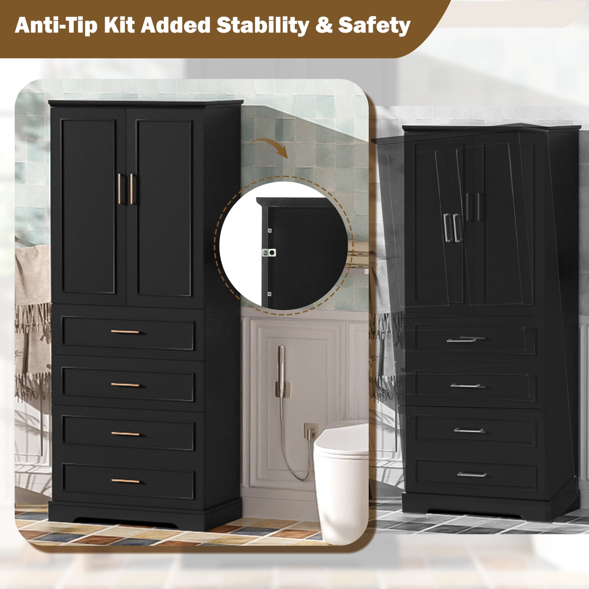 Bathroom Cabinet With 3 Drawers, Adjustable Shelf, Panels, Steel Handles, Soft Close Doors - Black - Image 9