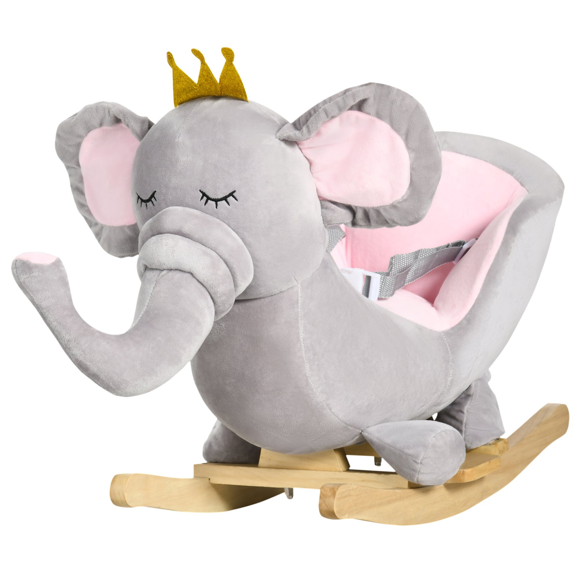 Qaba - Baby Rocking Horse Elephant Rocking Chair Toddler Rocker Toy With Sound Wooden Base Seat Safety Belt For 1.5-3 Year Old - Gray - Image 4