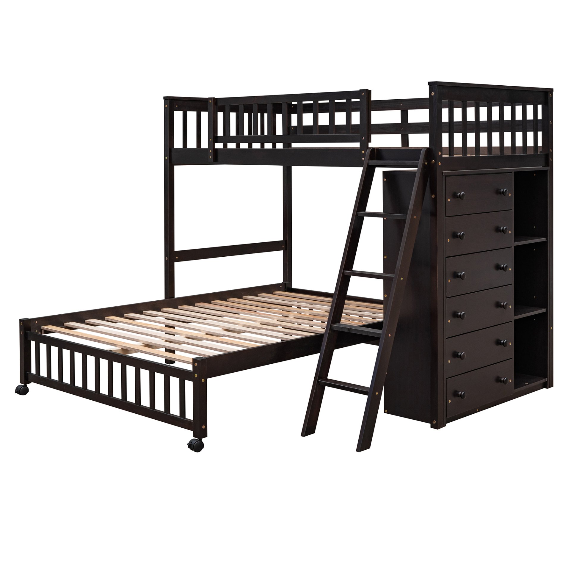 Twin Over Full Bunk Bed With 6 Drawers And Flexible Shelves, Bottom Bed With Wheels - Espresso - Image 6