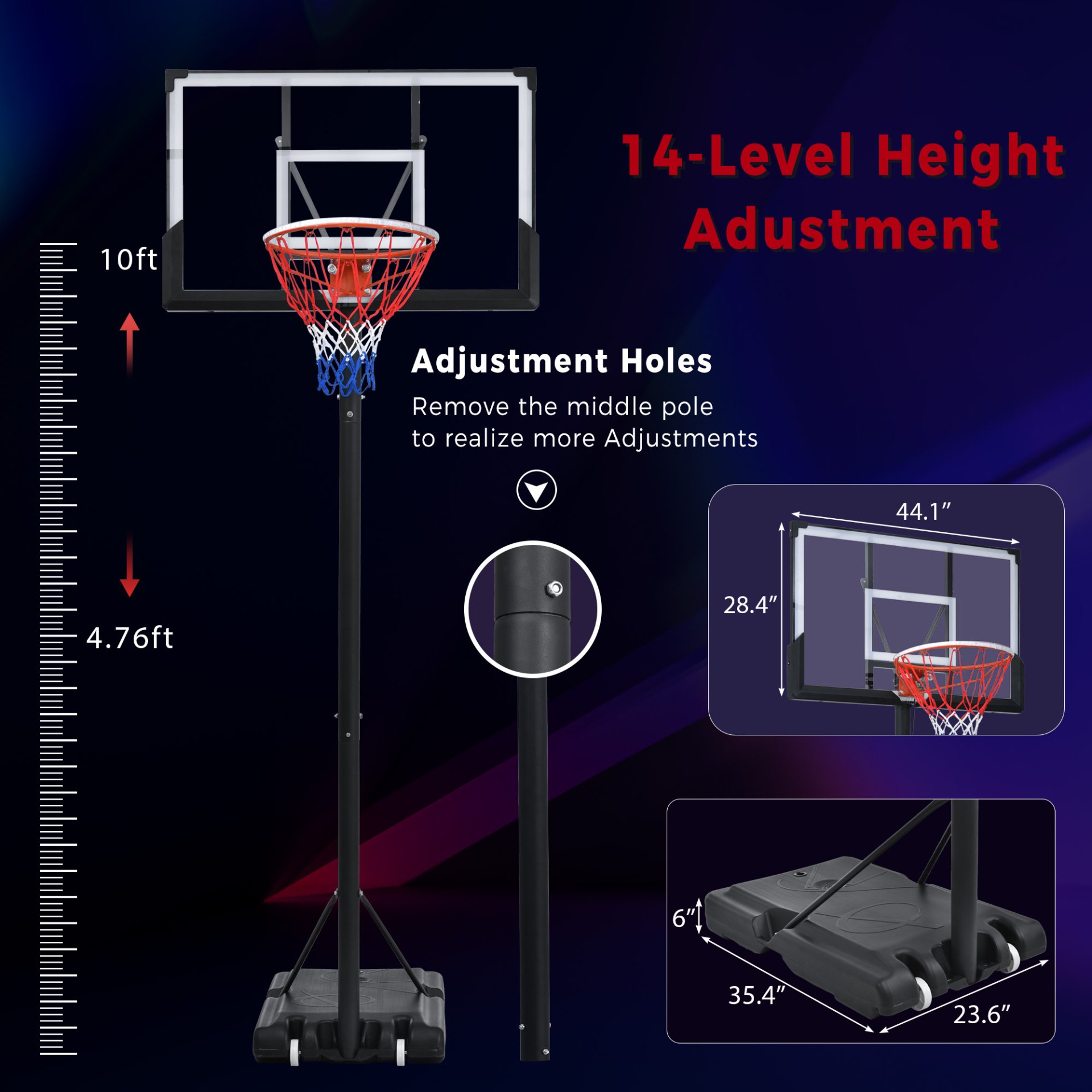 Portable Basketball Hoop Basketball System 4.76-10Ft Height Adjustable For Youth Adults LED Basketball Hoop Lights, Colorful Lights, Waterproof, Super Bright To Play At Night Outdoors, Good Gift For Kid - Black - Image 3