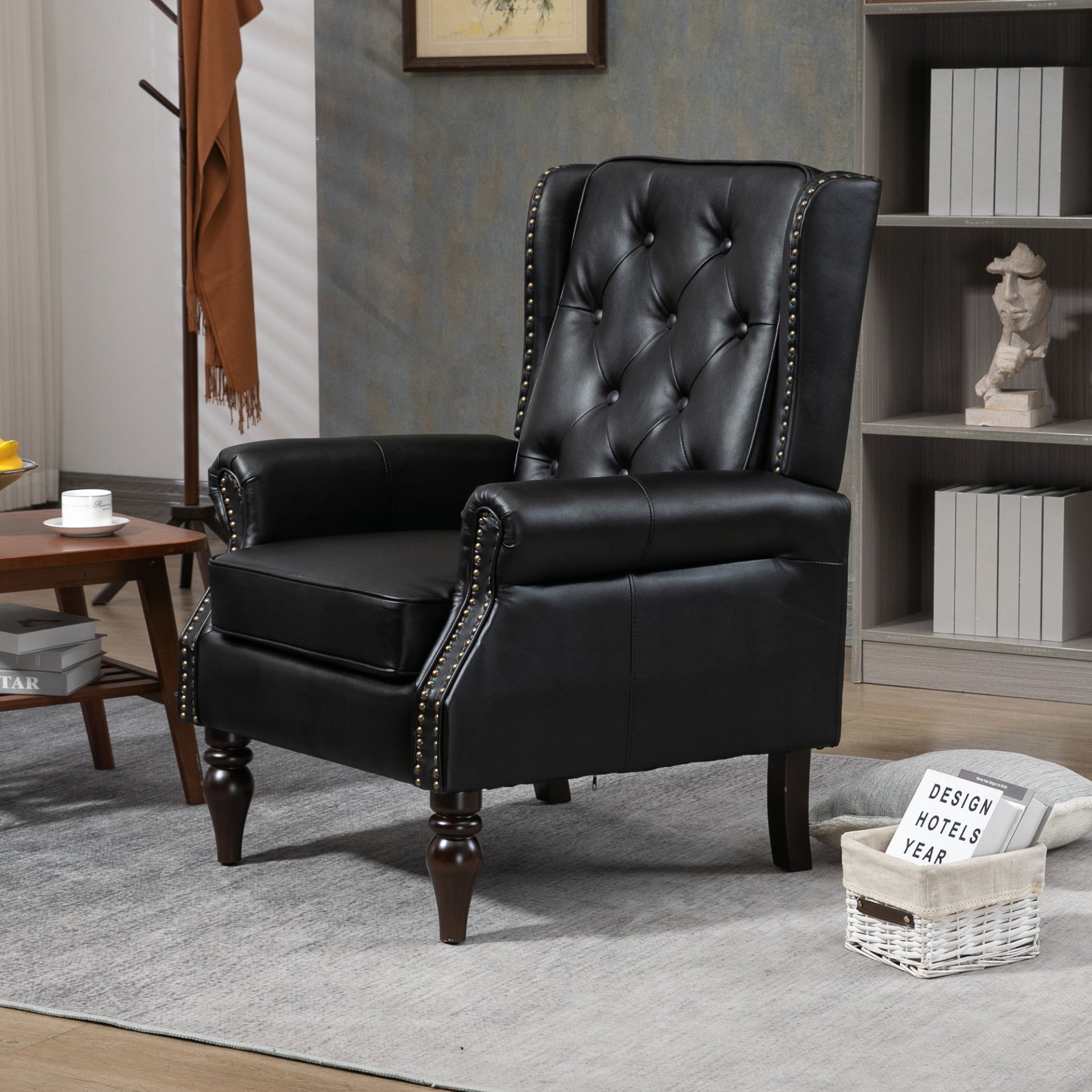 Modern Accent Armchair With Sturdy Wood Legs Leather For Living Room Or Bedroom - Black - Image 8