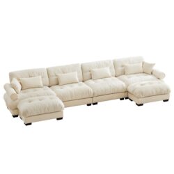 Modern Velvet U Shaped Sectional Sofa With Movable Ottomans Upholstered 4 Seater With Bolstered Armrests And Pillows - Cream