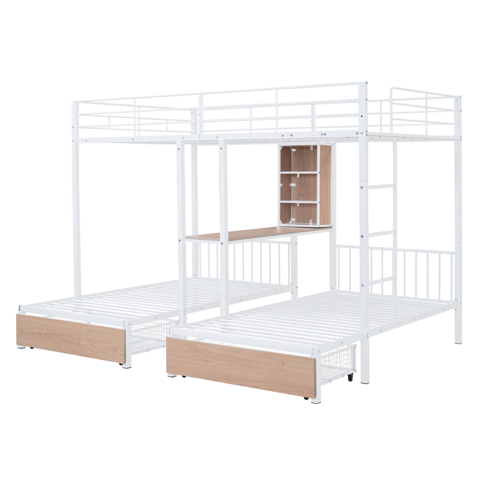 Full Over Twin & Twin Triple Bunk Bed With Drawers, Multi-Functional Frame With Desks And Shelves In The Middle - White - Image 4
