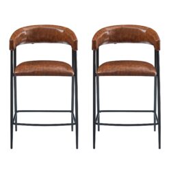 Counter Stools (Set of 2), Upholstered Counter Stools With Iron Frame, Backrest, Footrest, Arm Counter Stools For Home Bar, Kitchen Counter - Brown