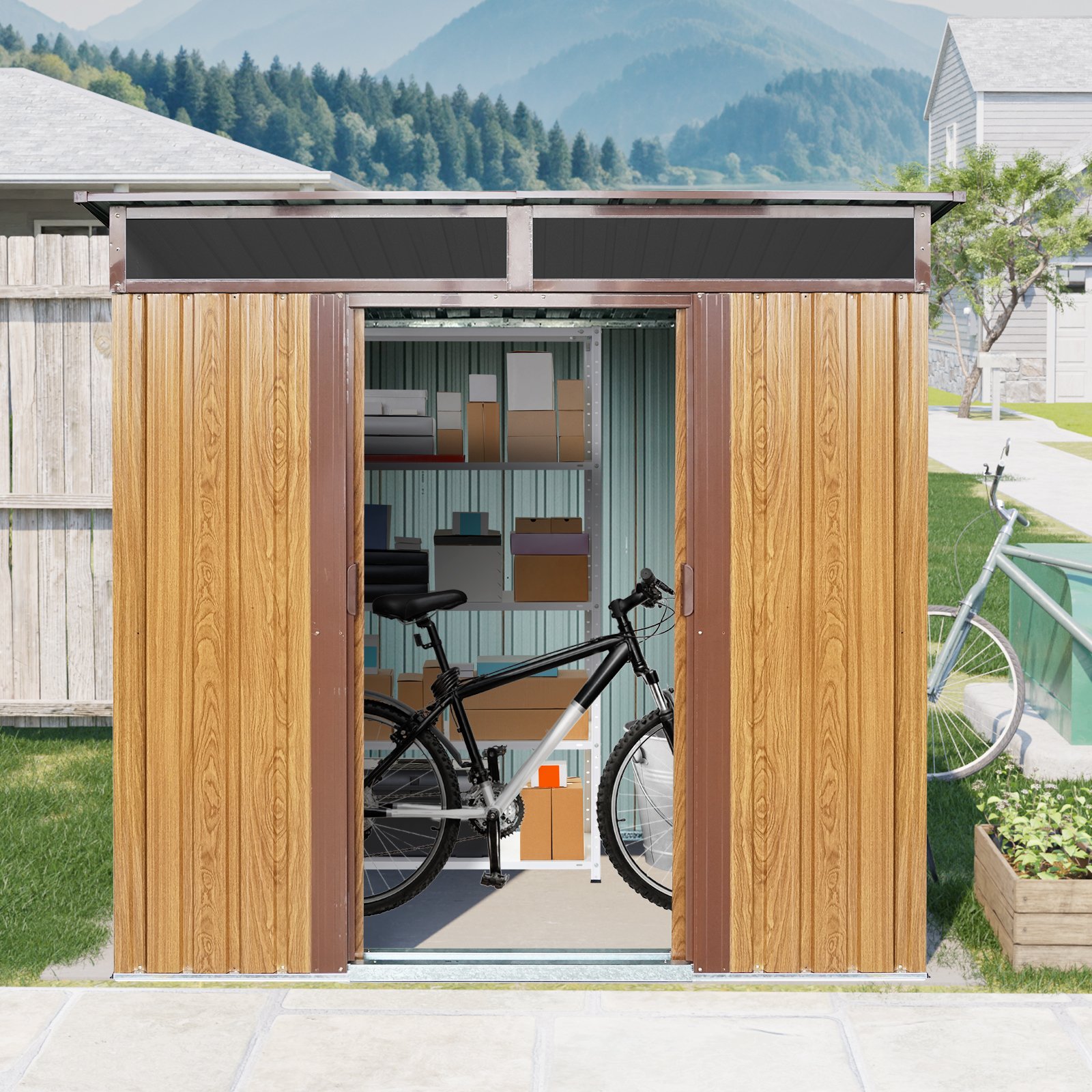 6Ft X 5Ft Outdoor Metal Storage With Transparent Plate And Foundation For Backyard Garden Patio - Coffee - Image 5