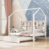 Twin Size House Bed & Trundle, Kids Bed With Shelf - White - Image 3