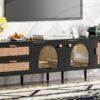 Rattan TV Stand With 3 Cabinets & 2 Drawers, Rattan-Inspired Media Console Table For Tvs Up To 80'', LED Light Entertainment Center, TV Cabinet For Living Room - Black - Image 17