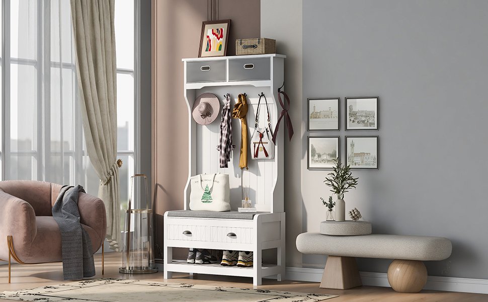 Hall Tree With 6 Hooks And Hinged Lid, Coat Hanger, Entryway Bench, Storage Bench, 3 In 1 Design, For Entrance, Hallway - White - Image 3
