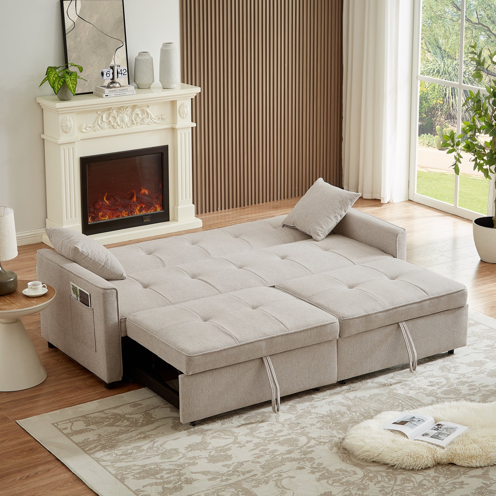 3 In 1 Convertible Sleeper Sofa Bed, Modern Fabric Loveseat Futon Sofa Couch Pullout Bed, Small Love Seat Lounge Sofa Reclining Backrest, Pillows, Pockets, Home Furniture For Living Room - Beige - Image 5