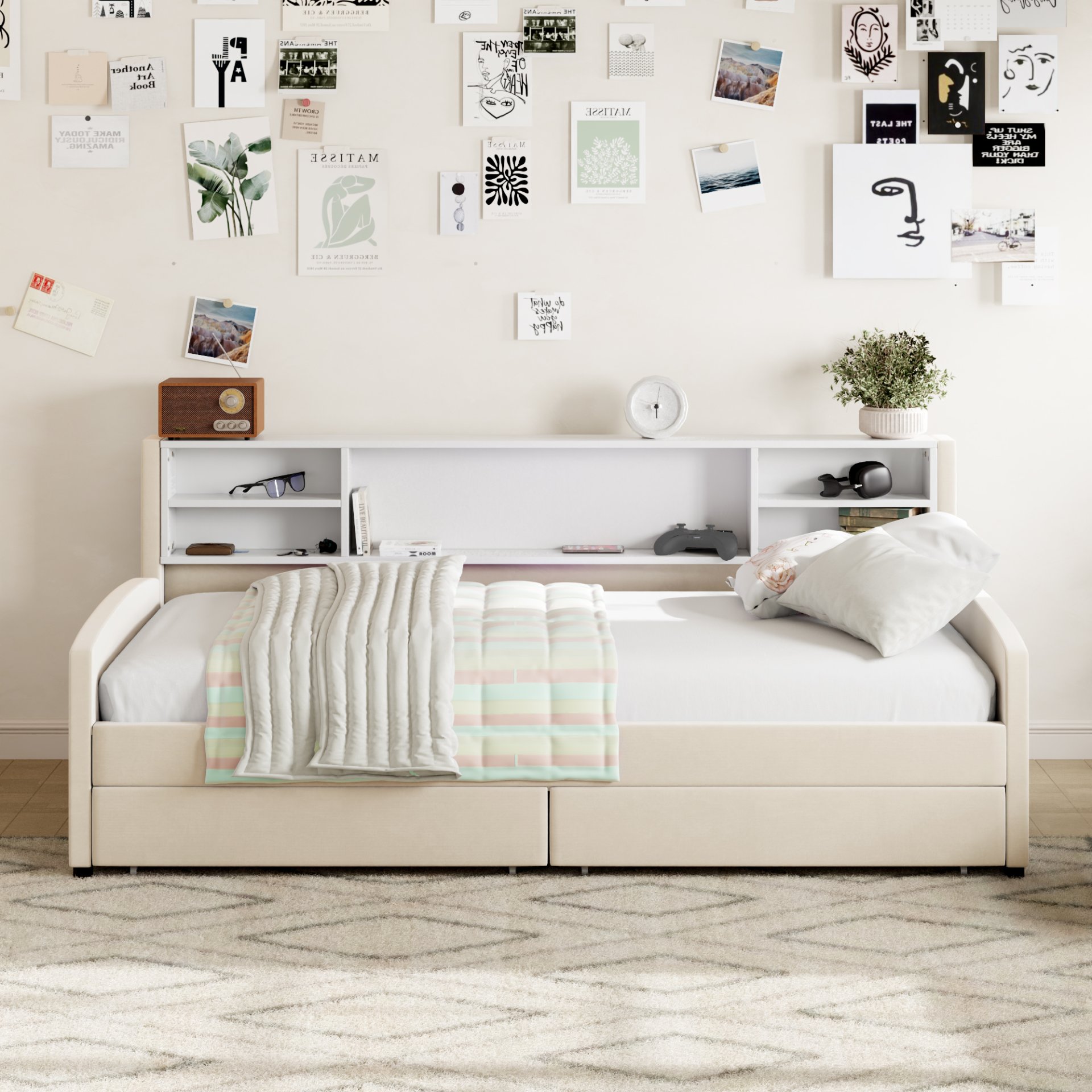 Twin Size Luxurious Upholstered Platform Bed With Storage Drawers - Beige - Image 7