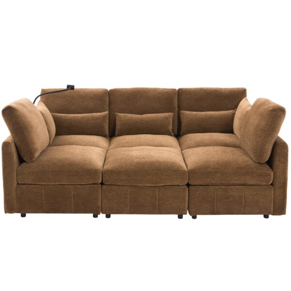 Modern Sectional Sofa Modular Sofa U Shaped Sofa Couch With Movable Ottoman, USB Ports, Phone Holder - Brown