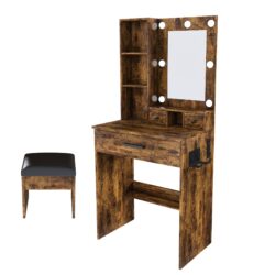 Vanity Table With Mirror, Adjustable LED Lights, Power Outlet, Hairdryer Holder & Stool - Vintage
