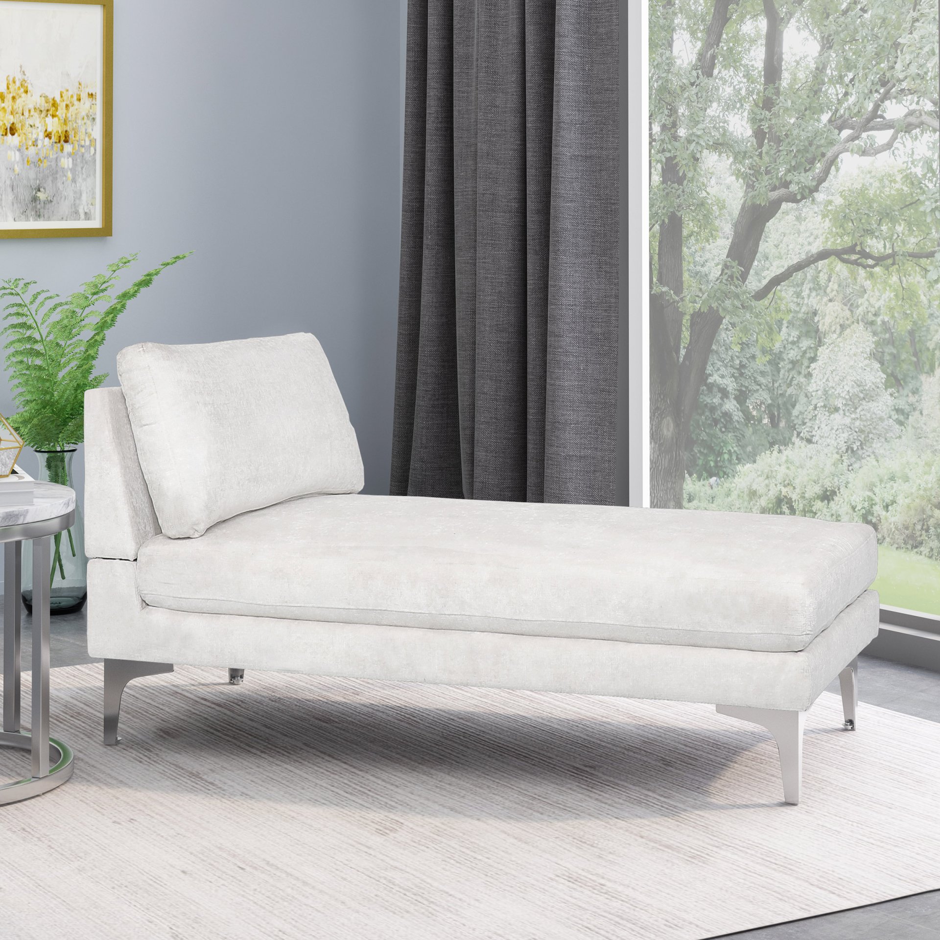 Fabric Upholstered Chaise Lounge With Iron Bracket Legs - Ivory - Image 2