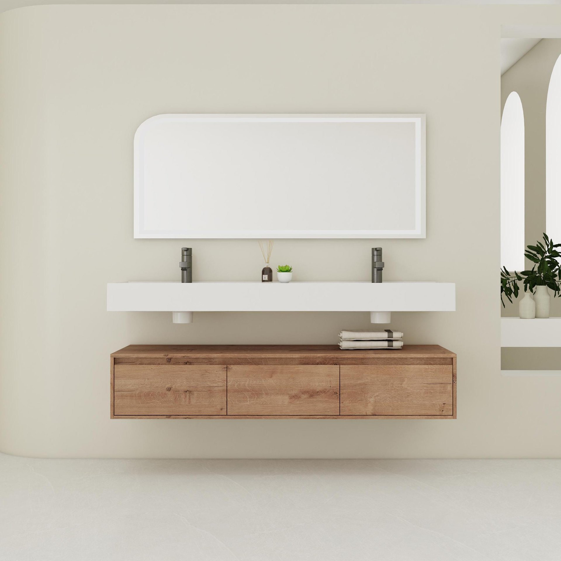 Contemporary Wall Mounted Bathroom Vanity With Dual Resin Sink And Soft Close Drawer - Imitative Oak - Image 5