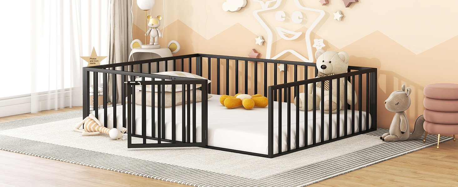 Queen Size Floor Bed Frame With Fence And Door - Black - Image 14
