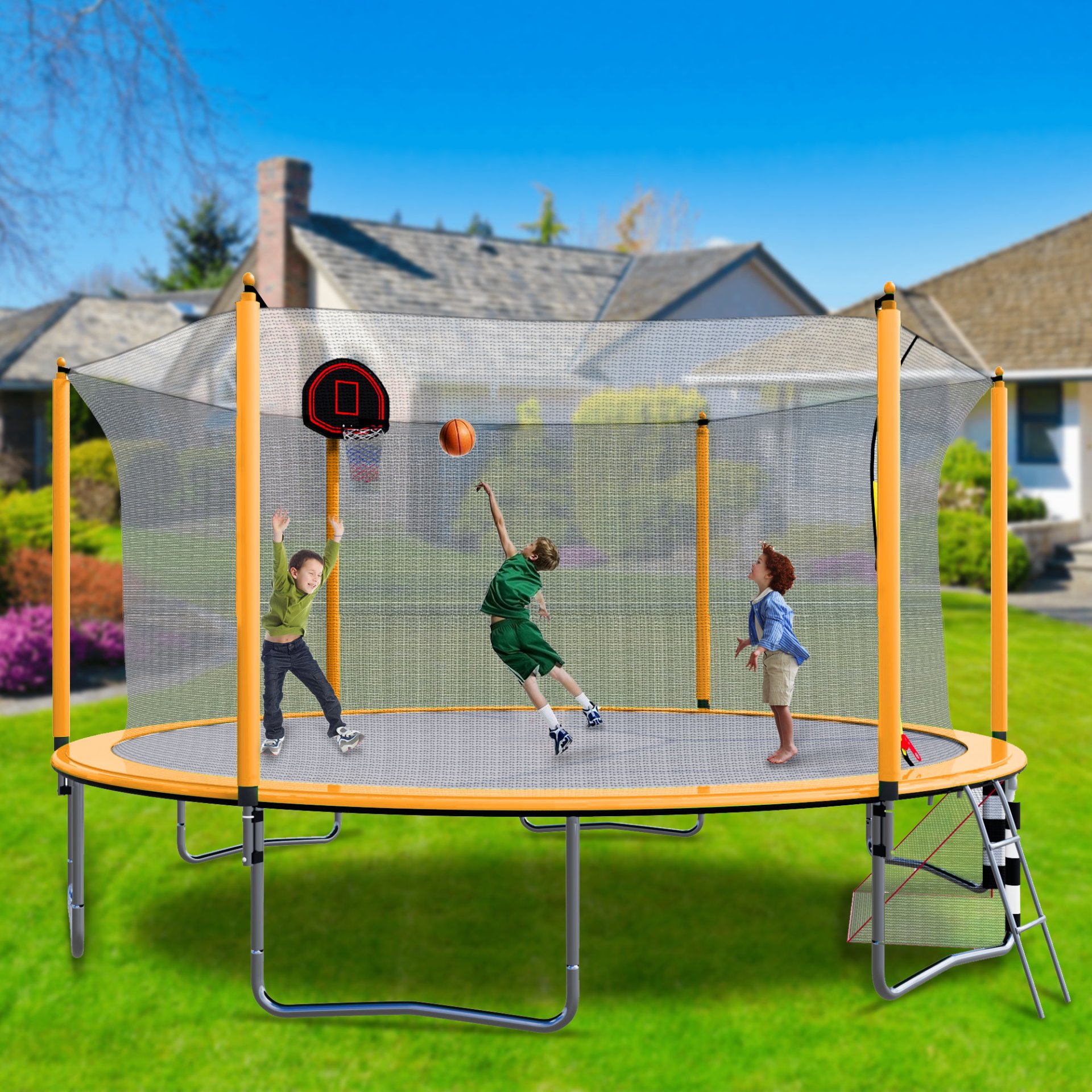 16Ft Trampoline With Basketball Hoop Pump And Ladder (Inner Safety Enclosure) With Soccer Goal - Orange - Image 4