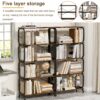 5 Tier Industrial Bookshelf, Rustic Brown Tall Bookcase With Open Wood & Metal Design, Vintage Storage Organizer - Black - Image 6