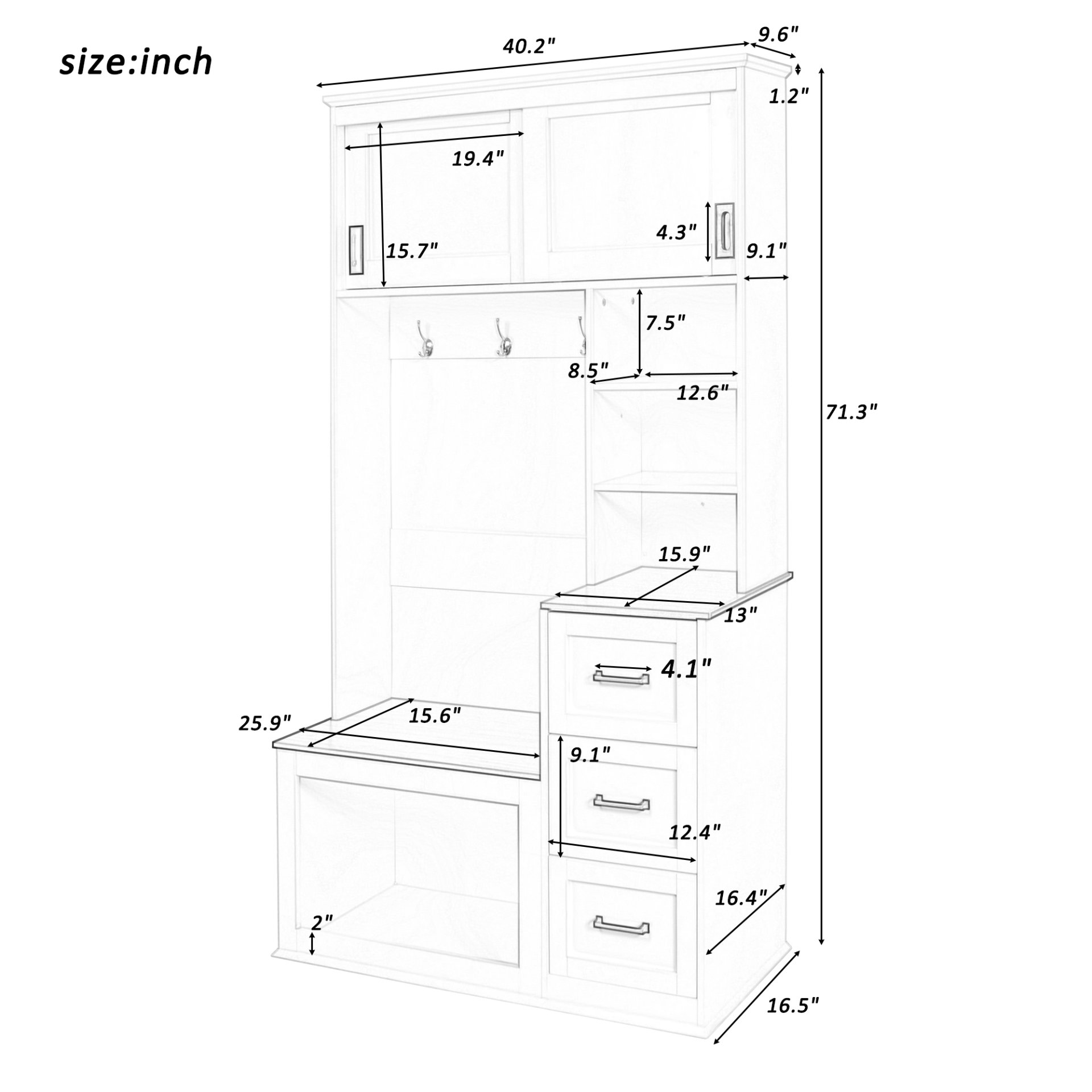 Modern Entryway Bench With Coat Rack, 3 Shelves And Drawers, 3 Sturdy Hooks, Wide Hall Tree With Storage Bench For Hallway - White - Image 18