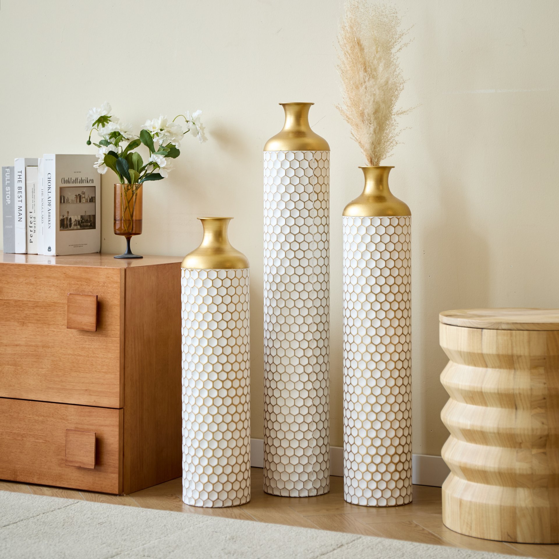 3 Piece Set Gorgeous Home Decoration Large Glazed Floor Vase Decoration Home Droplet Shaped - Gold / White - Image 12