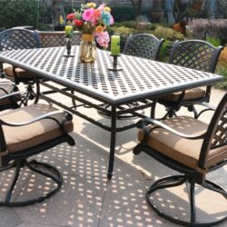 Rectangular 6 Person 85.83" Long Aluminum Dining Set With Dupione Brown Cushions - Antique Brown